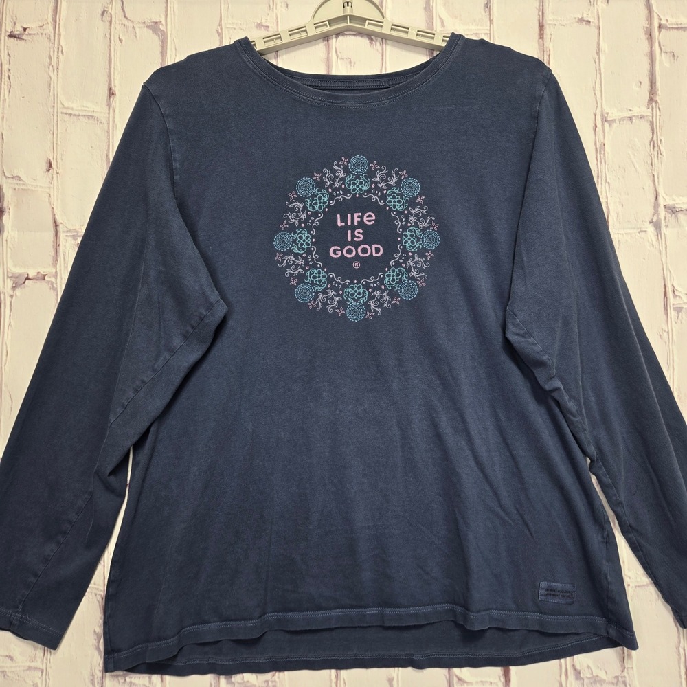Life is‎ Good Womens XL Crusher Tee Navy Blue Long Sleeve Mandala Graphic Cotton